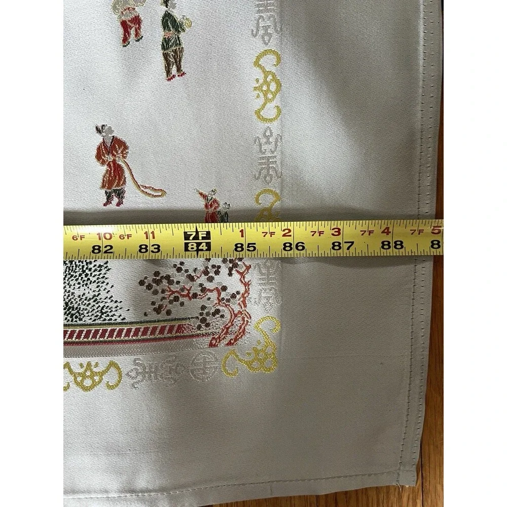 Vtg Chinese Embroidered Satin Tablecloth Pagoda Palace Scene 84x58 Sage Green